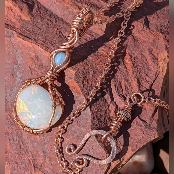 Mystical Opal Amulet Necklace Artisan Copper Wire Wrap With Dainty Chain - Picture 9 of 15